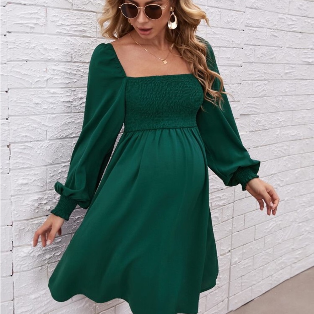 Maternity Square Neck Shirred Bodice Lantern Sleeve Dress